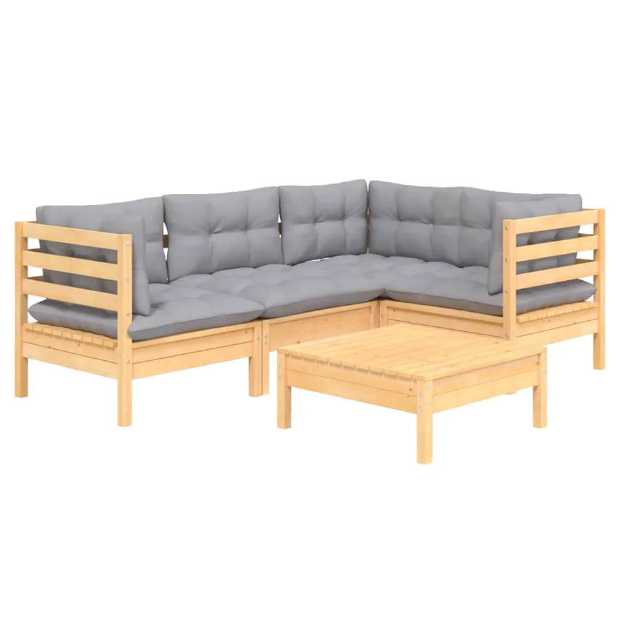 Salon de jardin 5 pcs avec coussins gris bois de pin - 3