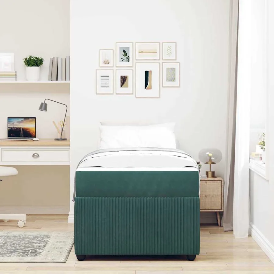 Cadre de lit avec matelas Vert foncé 100 x 200 cm tissu - 3