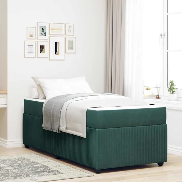 Cadre de lit avec matelas Vert foncé 90 x 190 cm tissu
