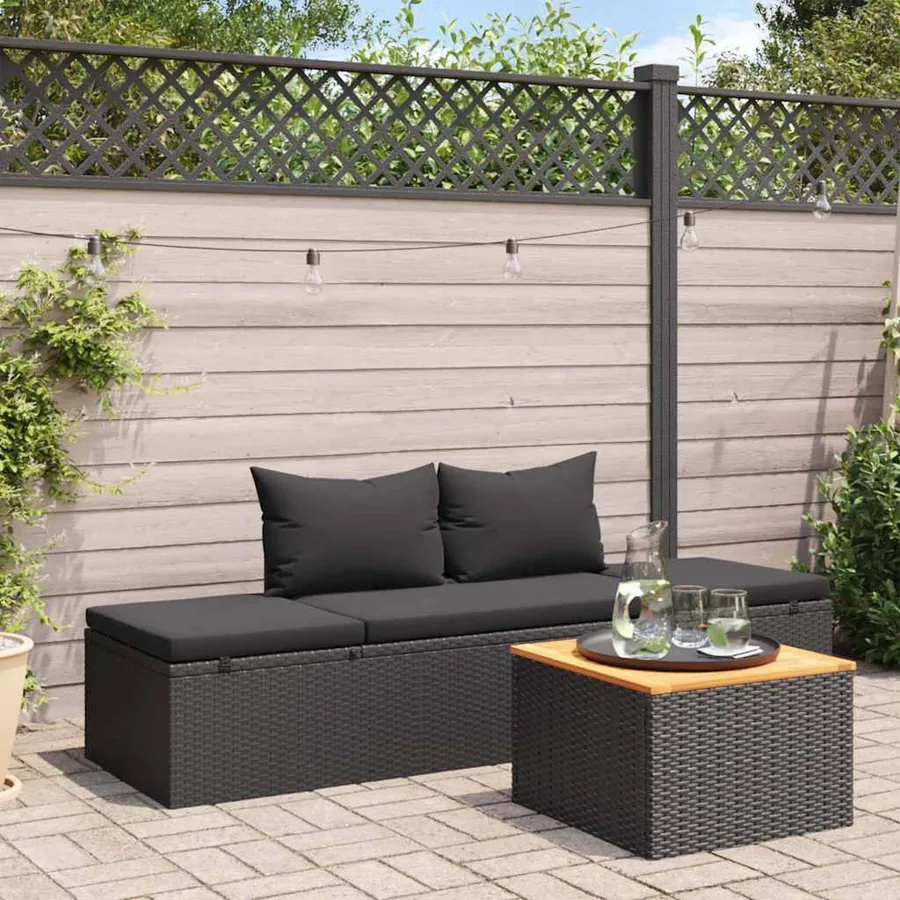 Chaise longue avec coussins Résine tressée Noir