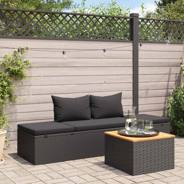 Chaise longue avec coussins Résine tressée Noir