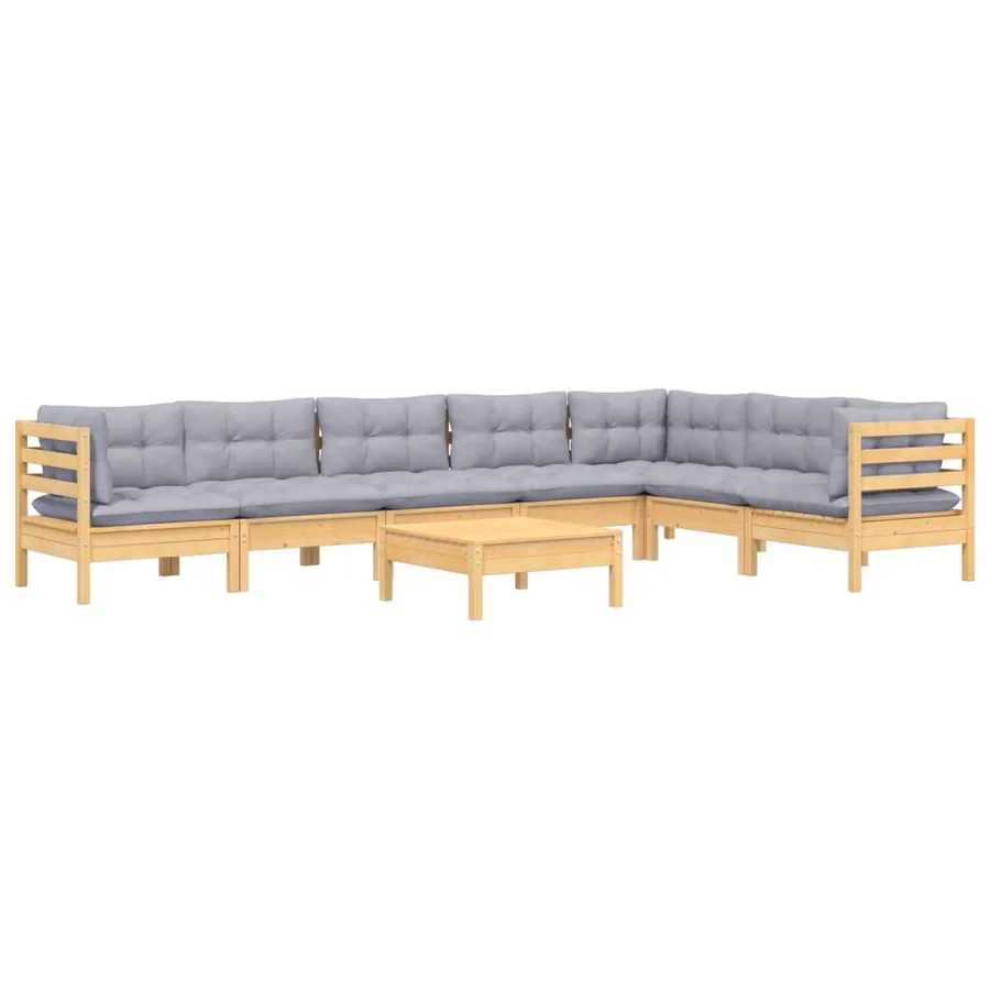 Salon de jardin 8 pcs avec coussins gris Bois de pin massif - 3