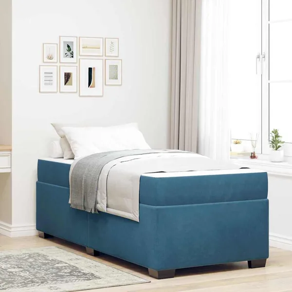 Cadre de lit avec matelas Bleu foncé 100 x 200 cm tissu