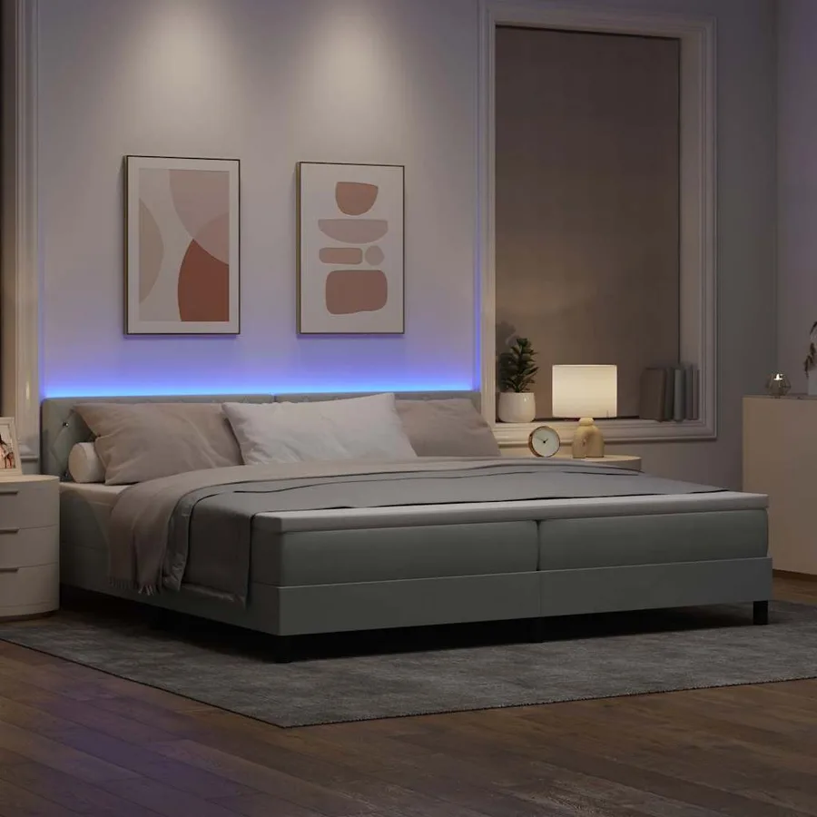 Lit à ressort LED avec matelas Gris clair 200 x 200 cm Velours - 5