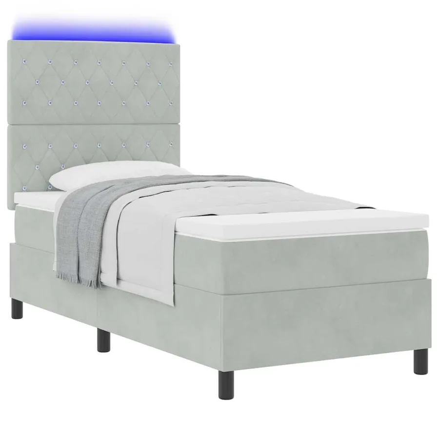 Lit à ressort LED avec matelas Gris clair 100 x 200 cm Velours - 3