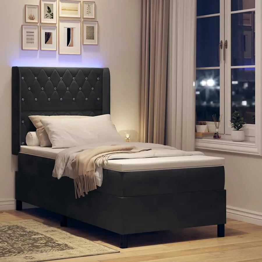 Lit à ressorts avec matelas avec LED Noir 100 x 200 cm Velours - 5