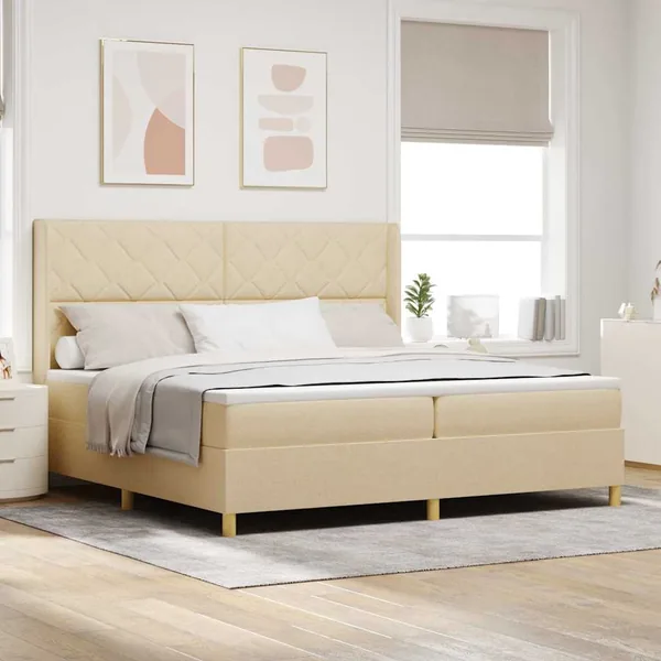 Lit à ressorts avec bandes LED Crème 200 x 200 cm tissu