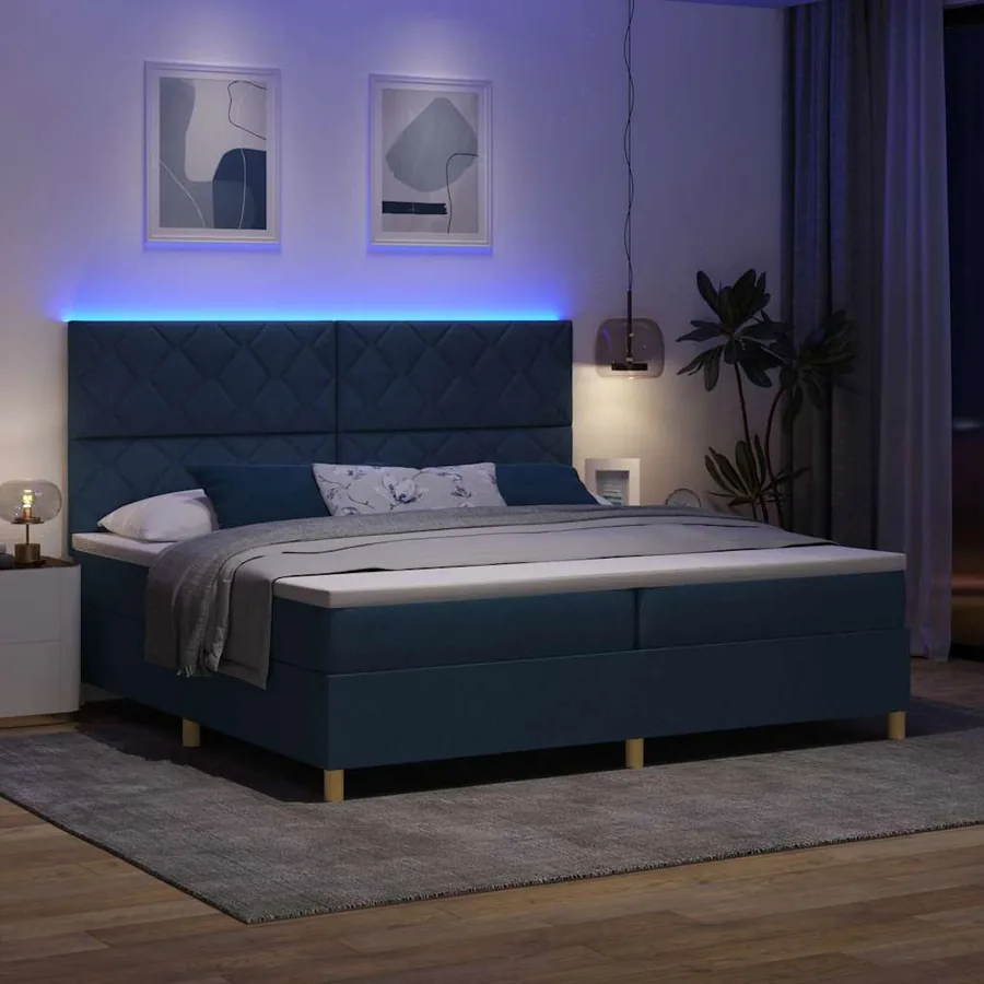 Lit à ressort LED avec tête de lit Bleu 200 x 200 cm tissu - 5