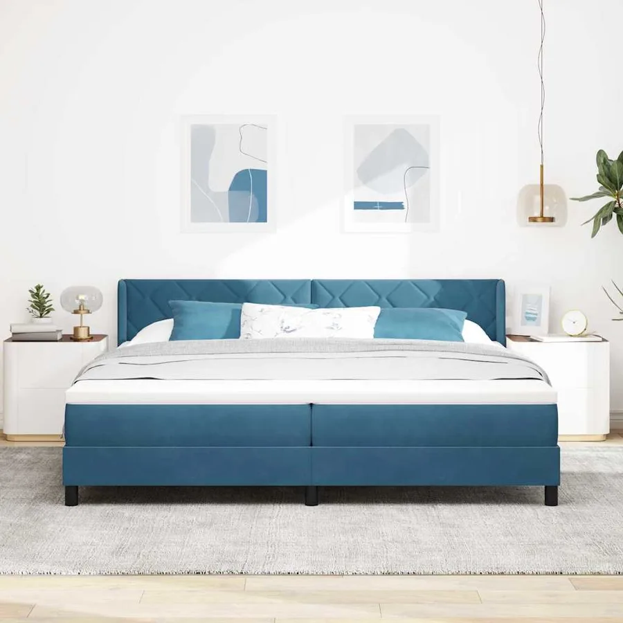 Lit à ressorts avec tête de lit Bleu foncé 200 x 200 cm Velours - 3
