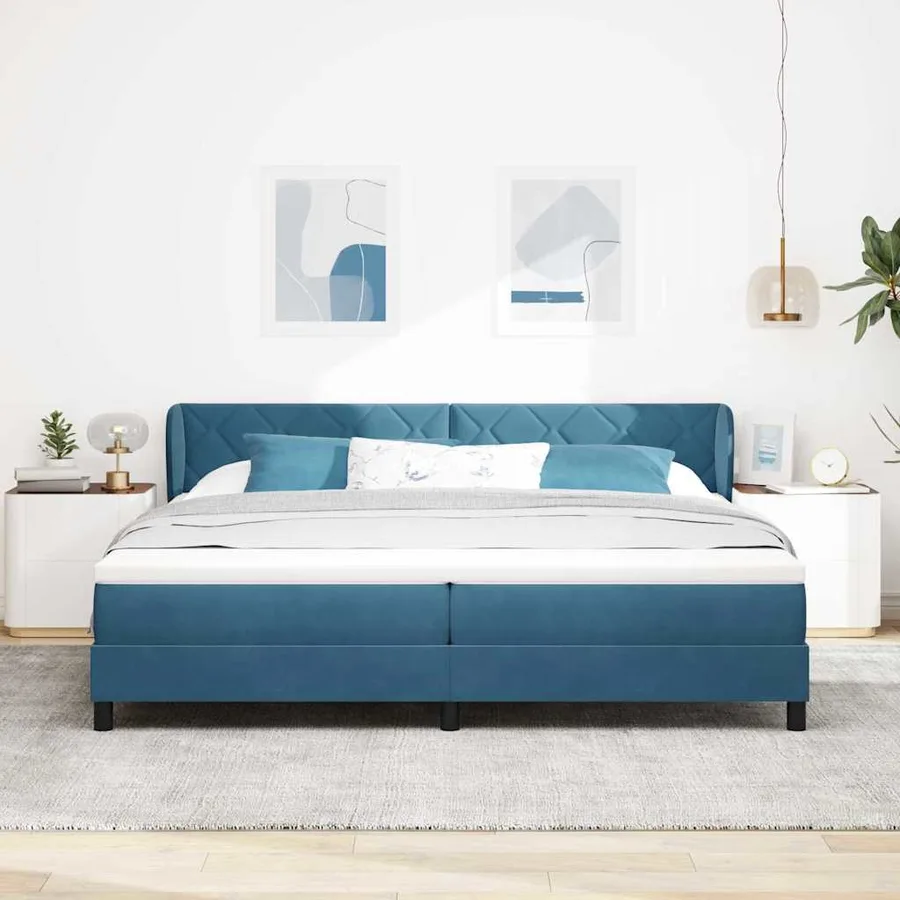 Lit à ressorts avec tête de lit Bleu foncé 200 x 200 cm Velours - 3