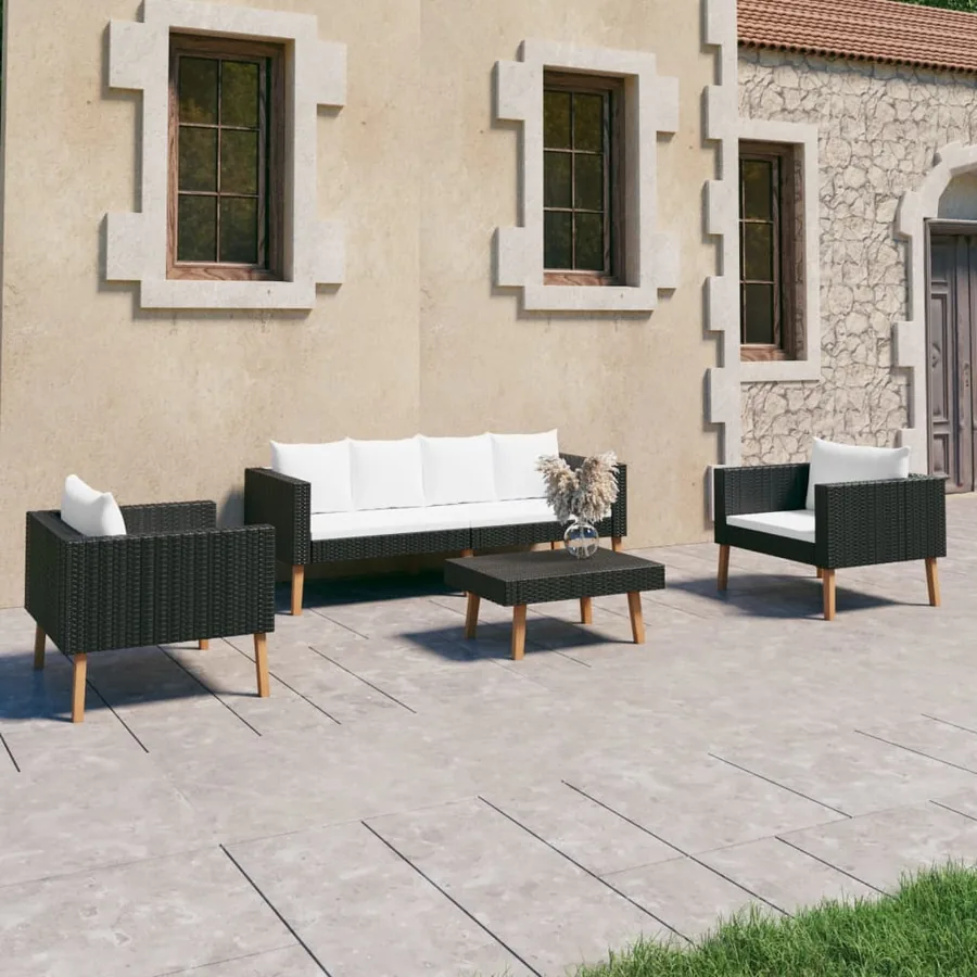 Salon de jardin 4 pcs avec coussins Résine tressée Noir