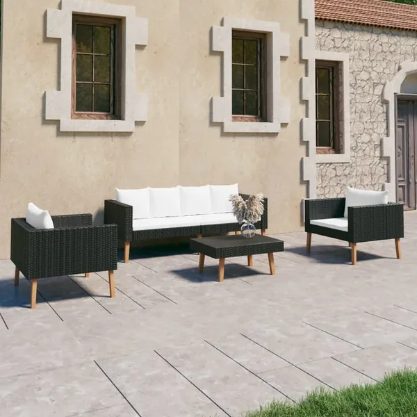 Salon de jardin 4 pcs avec coussins Résine tressée Noir
