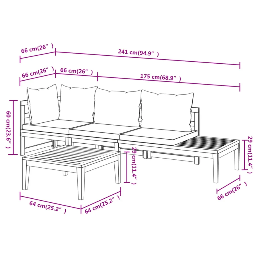 Salon de jardin 3 pcs avec coussins blanc crème Bois d'acacia - 13