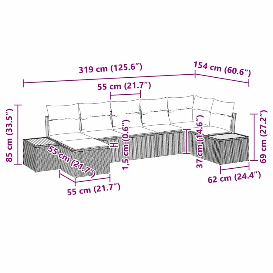 Ensemble de canapé de jardin 8 pcs Noir et Crème Polyrotin - 14