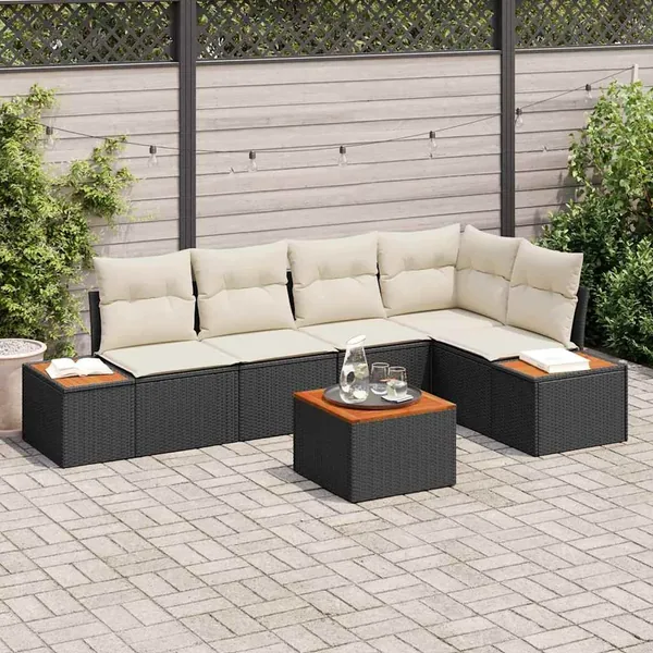 Ensemble de canapé de jardin 6 pcs Noir et crème Poly rotin