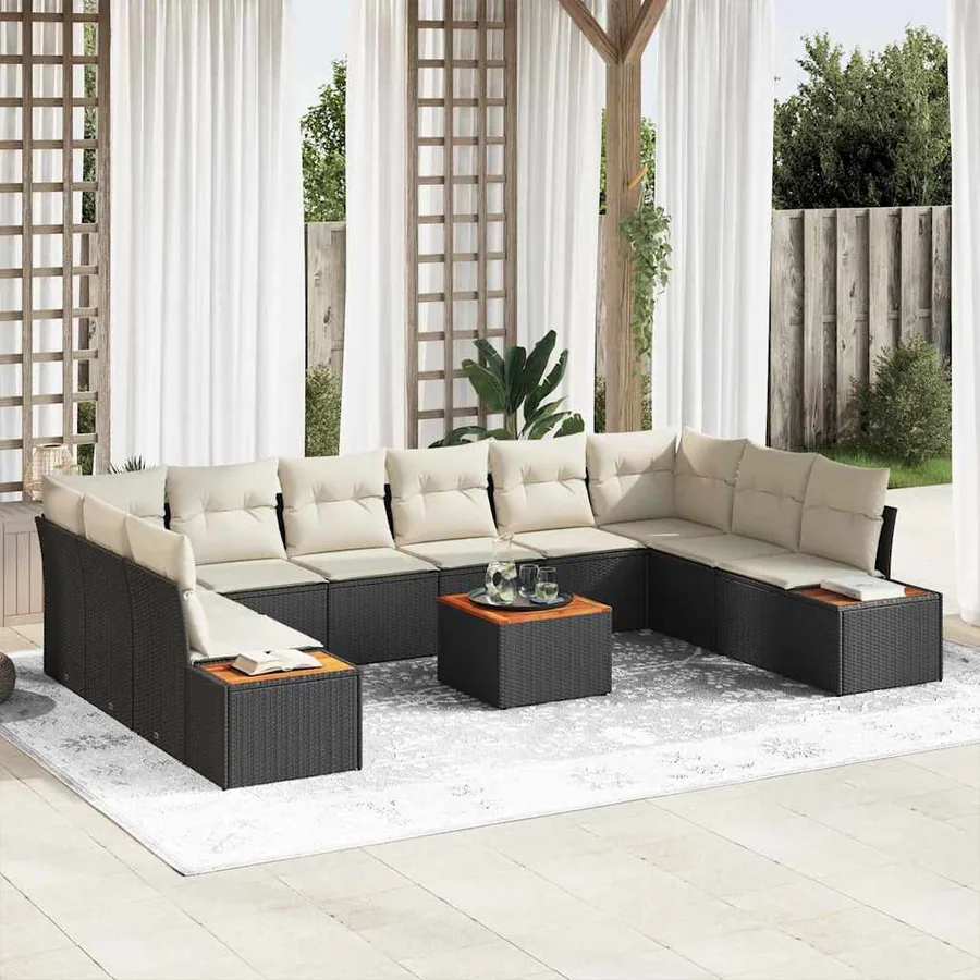 Ensemble de canapé de jardin 10 pcs Noir et Crème Polyrotin