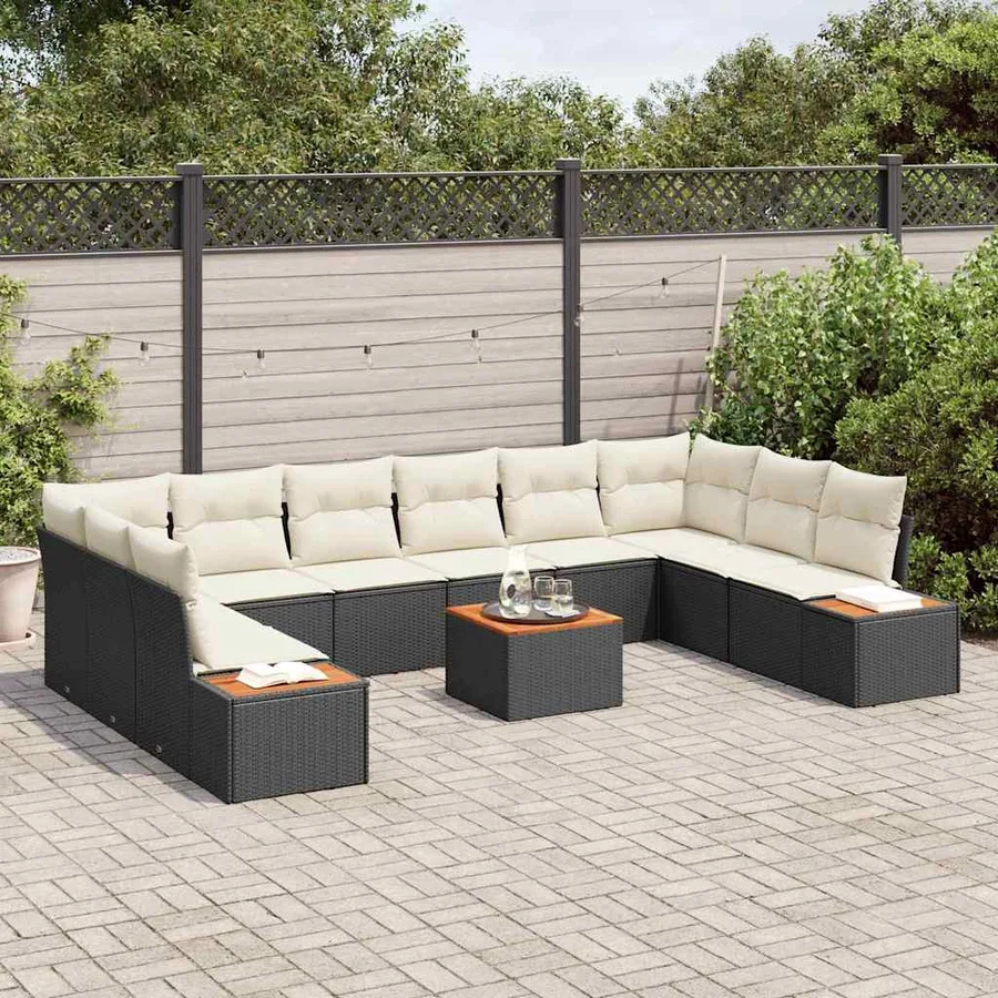 Ensemble de canapé de jardin 10 pcs Noir et Crème Polyrotin - 3