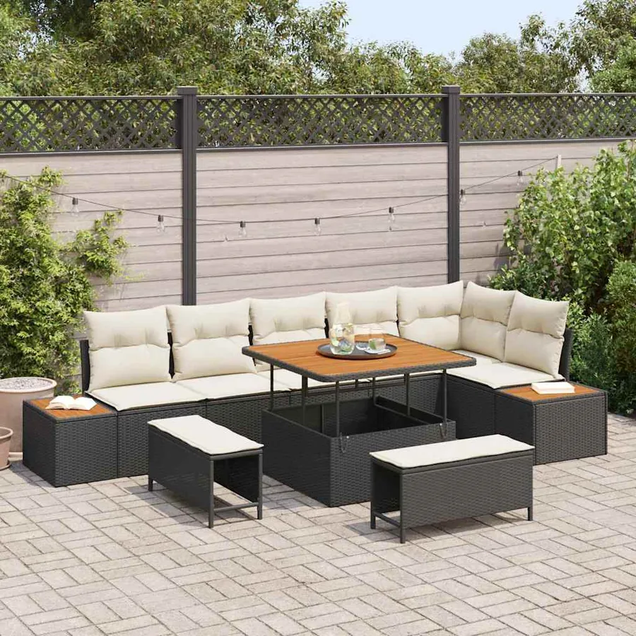 Ensemble de canapé de jardin avec coussin 9 pcs Noir Poly rotin