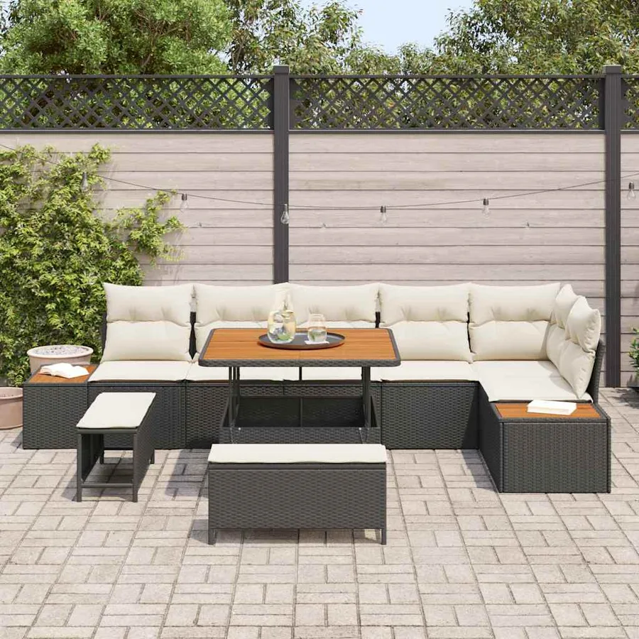 Ensemble de canapé de jardin avec coussin 9 pcs Noir Poly rotin - 3