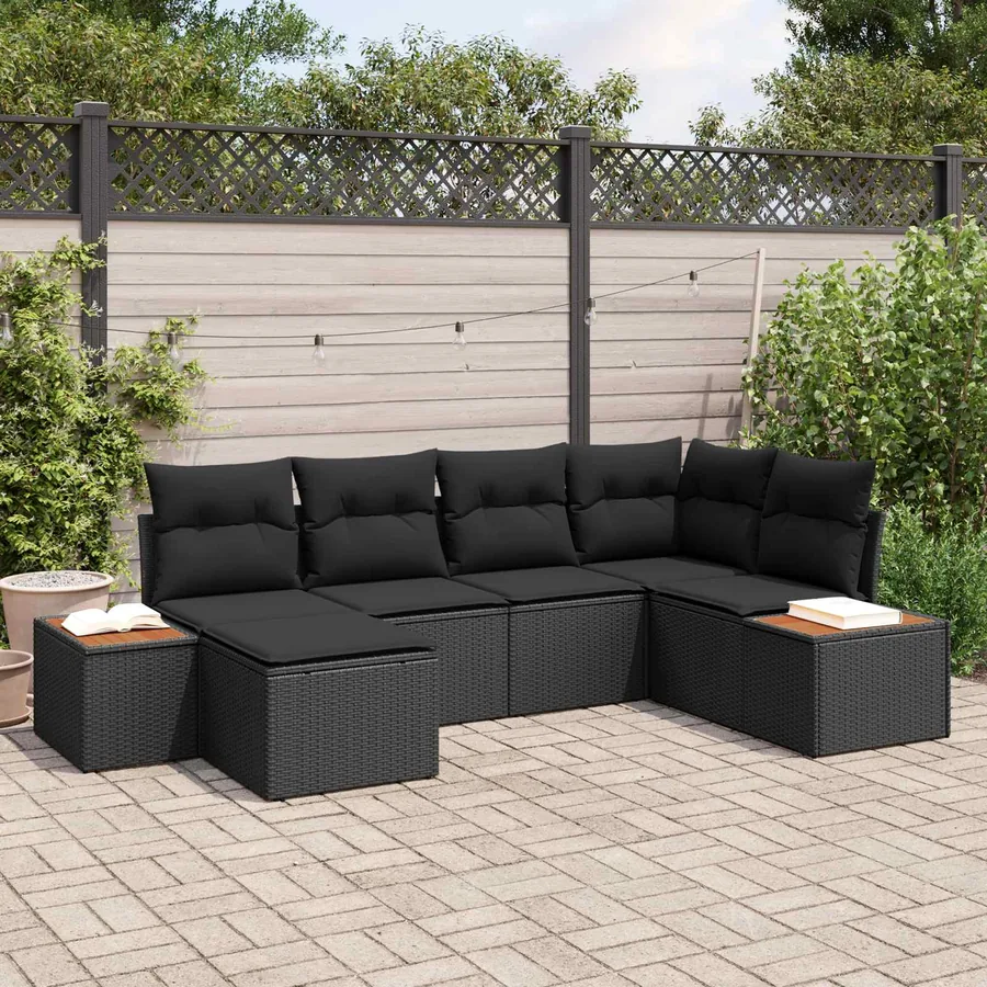 Ensemble de canapé de jardin avec coussin 7 pcs Noir Polyrotin