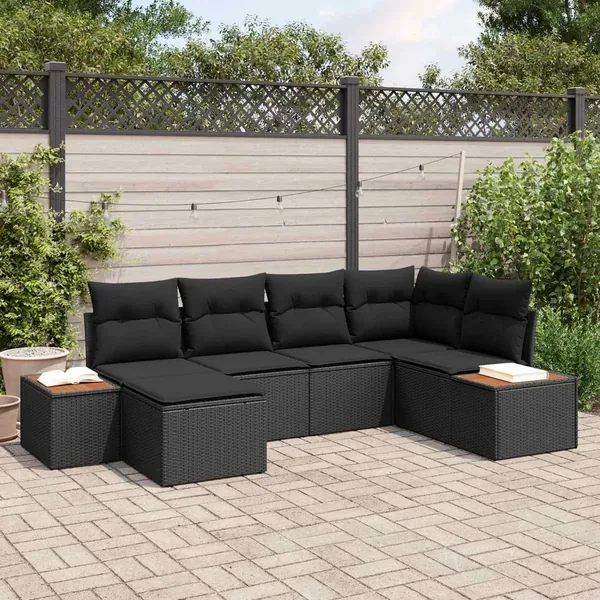 Ensemble de canapé de jardin avec coussin 7 pcs Noir Polyrotin