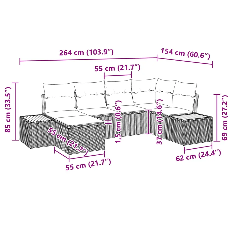 Ensemble de canapé de jardin avec coussin 7 pcs Noir Polyrotin - 14