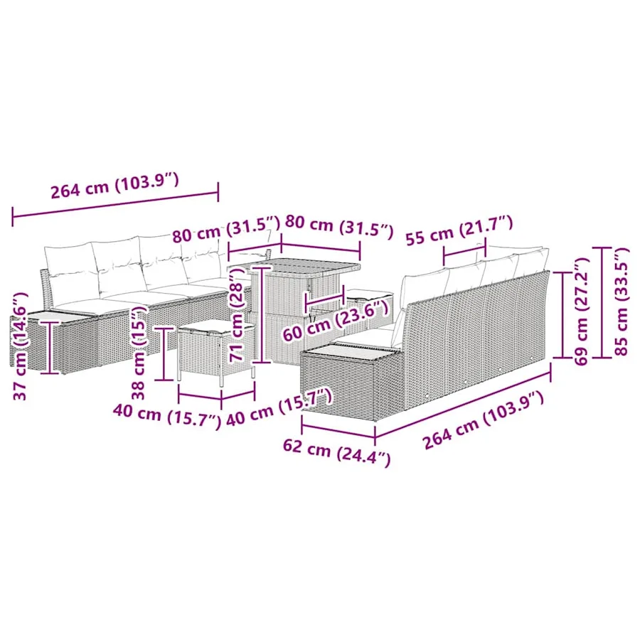 Ensemble de canapé de jardin 11 pcs Noir Poly rotin - 18