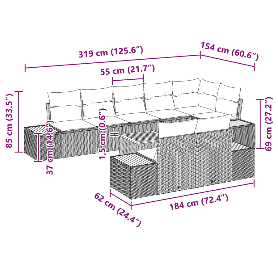 Ensemble de canapé de jardin avec coussin 8 pcs Noir Polyrotin - 13