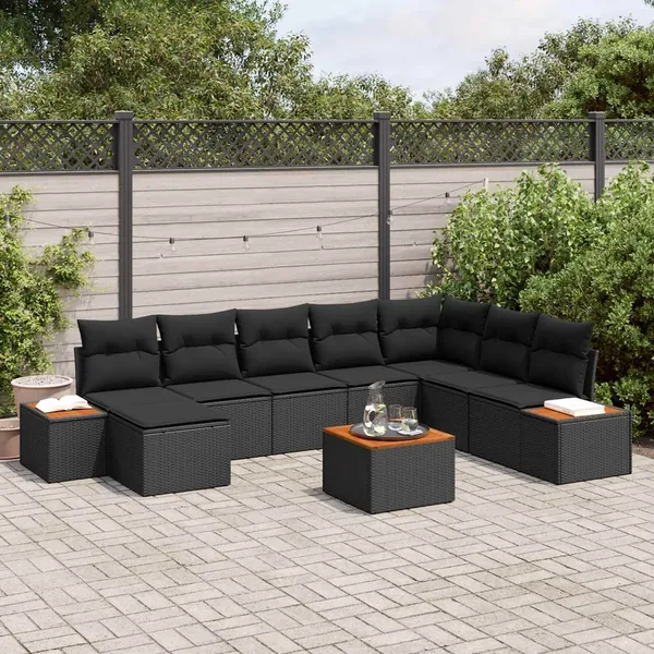 Ensemble de canapé de jardin avec coussin 9 pcs Noir Polyrotin