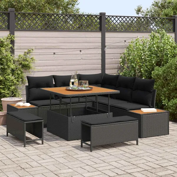 Ensemble de canapé de jardin avec coussin 8 pcs Noir Poly rotin
