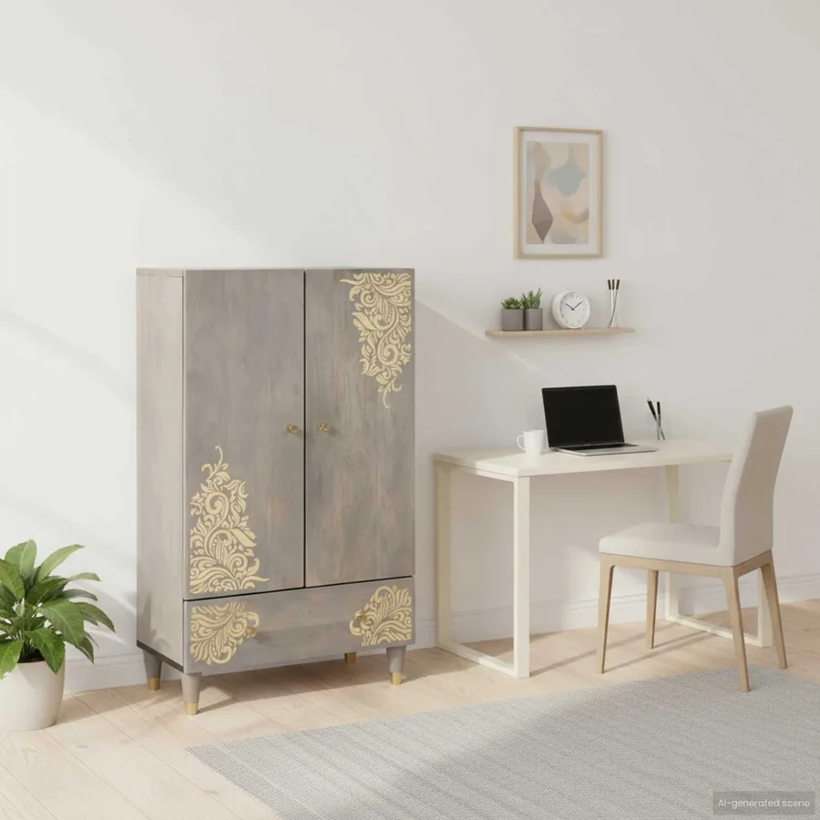 Haut Armoire Gris et Or 60 x 33 x 100 cm Bois de mangue massif