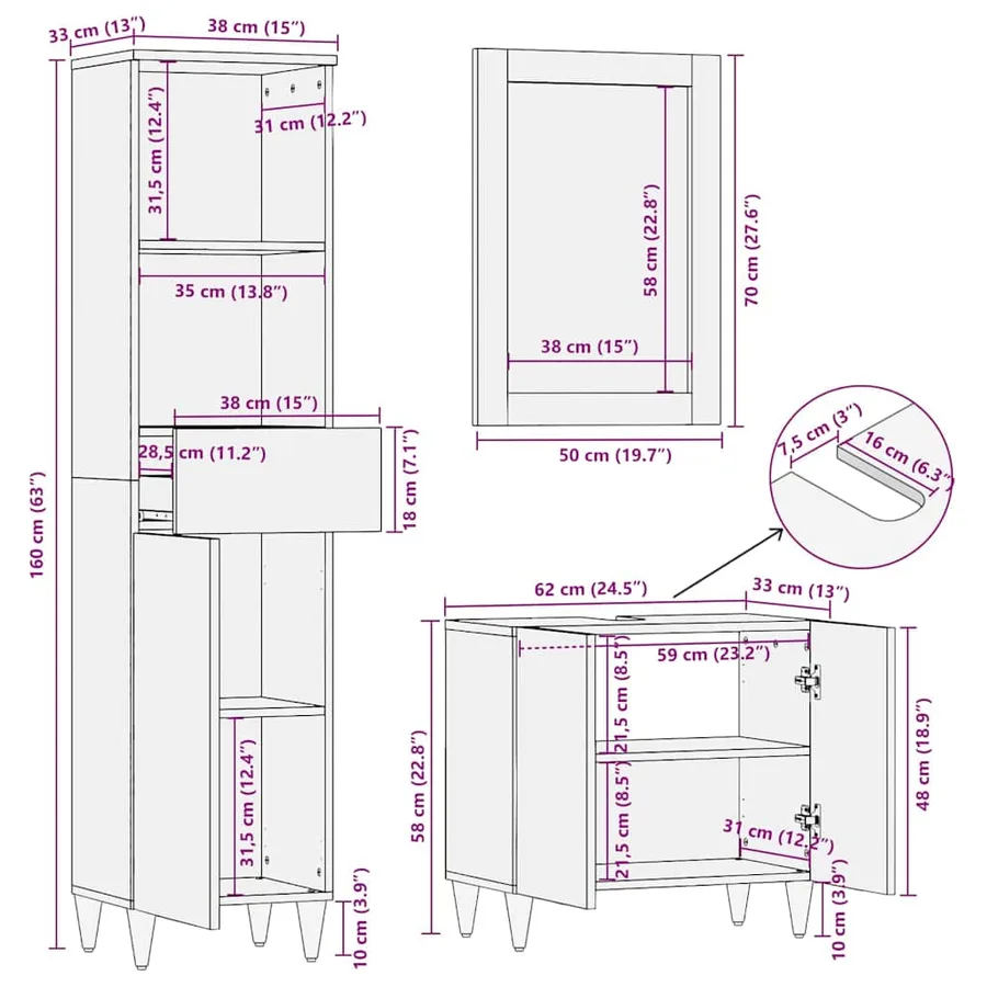 Ensemble de Meubles de Salle de Bain avec tiroir 3 pcs Gris - 16