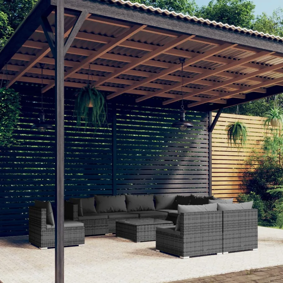 Salon de jardin 10 pcs avec coussins Résine tressée Gris