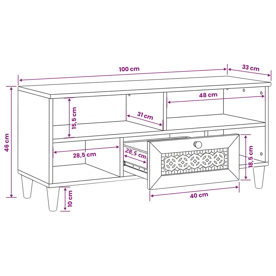 Meuble TV avec tiroir 100 x 33 x 46 cm Bois de mangue massif - 11