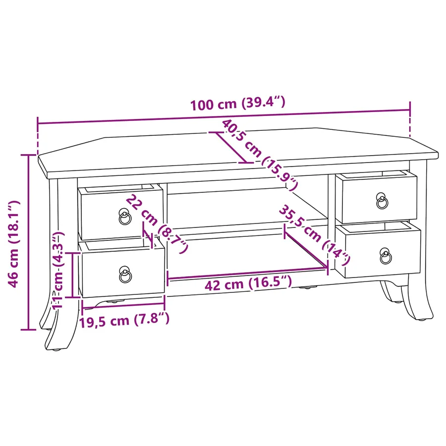 Meuble TV Naturel 100 x 40,5 x 46 cm Bois de Mahogany Massif - 12