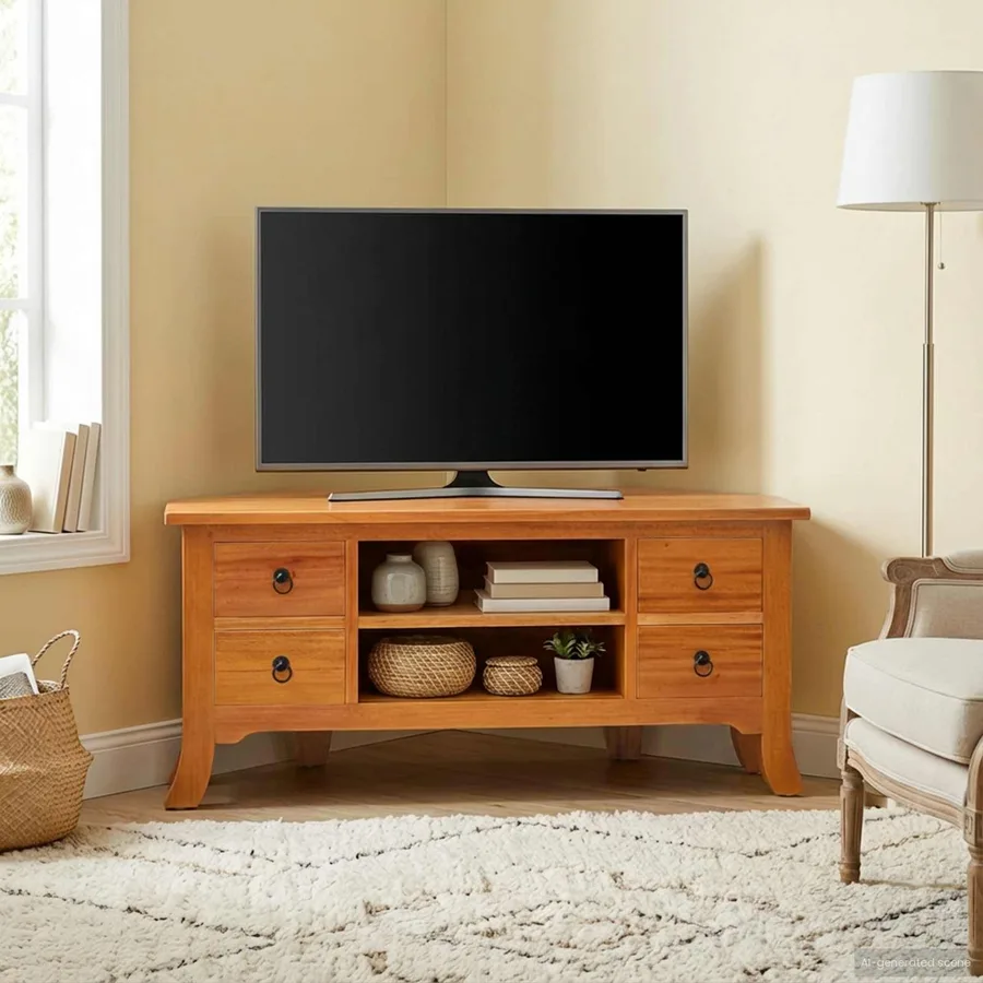 Meuble TV Naturel 100 x 40,5 x 46 cm Bois de Mahogany Massif - 3