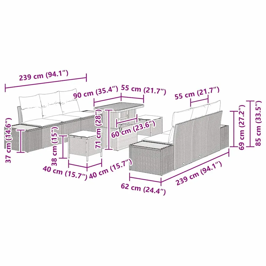 Ensemble de canapé de jardin 9 pcs Beige Poly rotin - 15