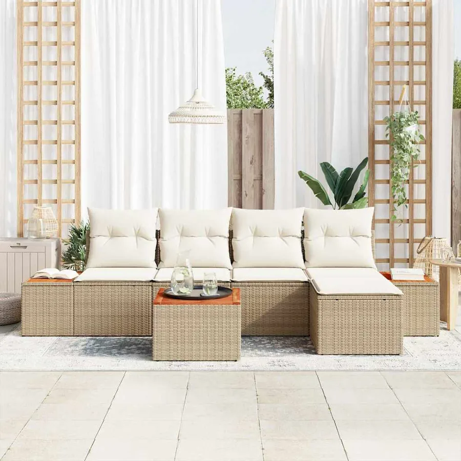 Ensemble de canapé de jardin 6 pcs Beige et crème Polyrotin - 3
