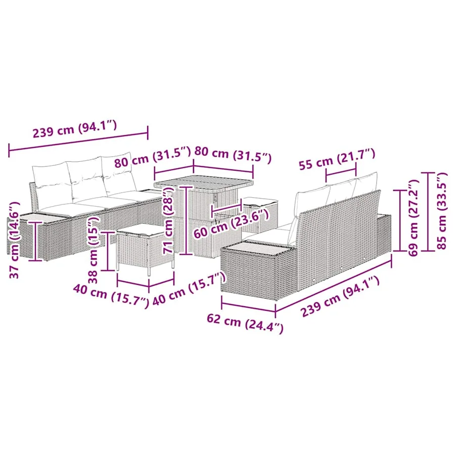 Ensemble de canapé de jardin 9 pcs Beige Poly rotin - 15