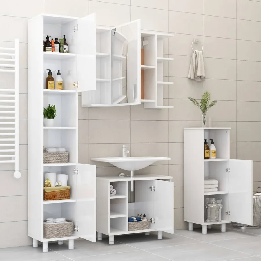 Armoire de salle de bain Blanc brillant Bois d'ingénierie - 9
