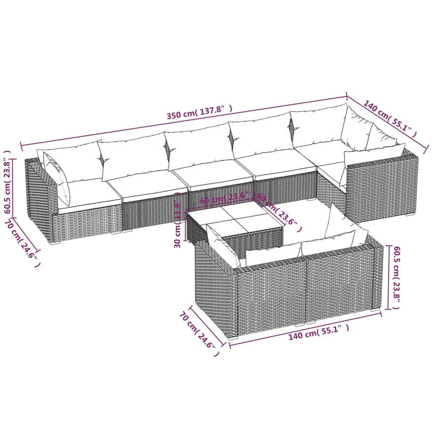 Salon de jardin 9 pcs avec coussins Gris Résine tressée - 6