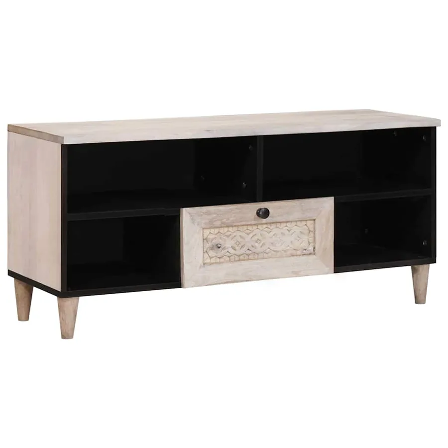 Meuble TV Blanc Blanchi 100 x 33 x 46 cm Bois de mangue massif