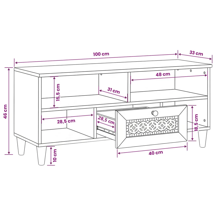 Meuble TV Blanc Blanchi 100 x 33 x 46 cm Bois de mangue massif - 11
