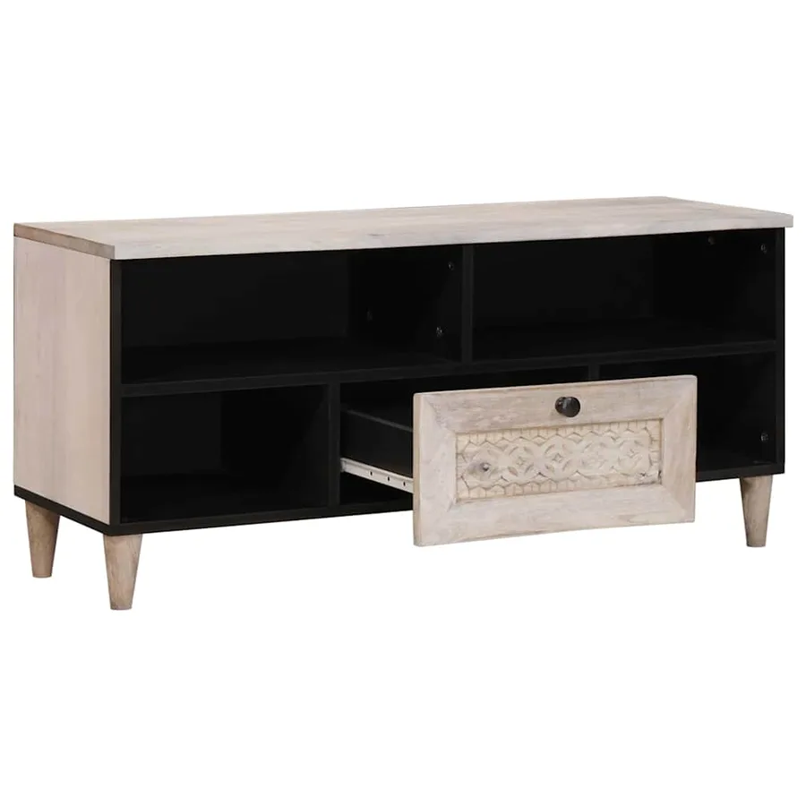 Meuble TV Blanc Blanchi 100 x 33 x 46 cm Bois de mangue massif - 2
