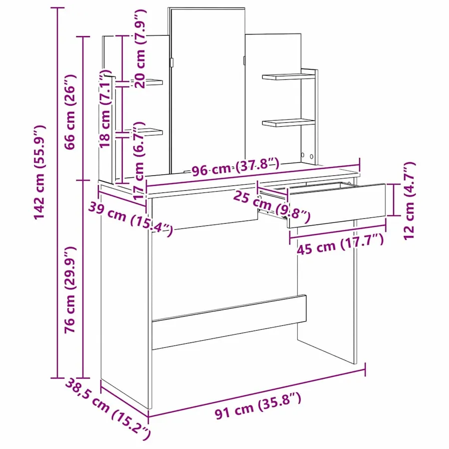 Table de maquillage avec miroir Chêne noir 96 x 39 x 142 cm - 12