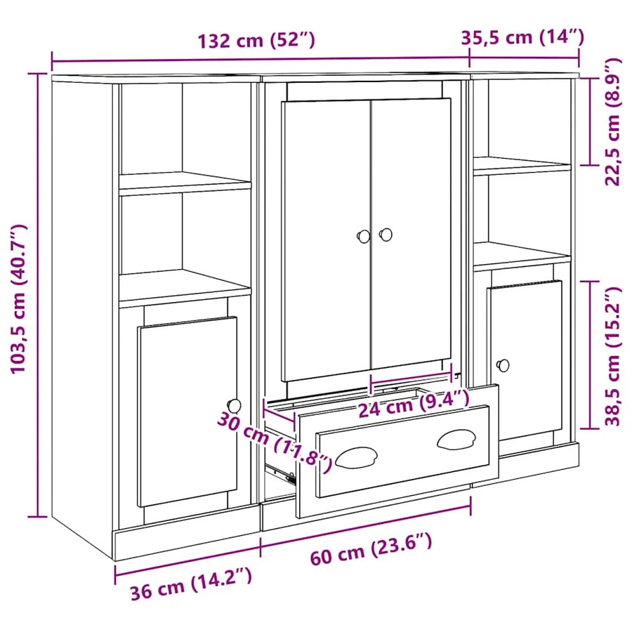 Haut Armoire avec tiroir 3 pcs Bois Ancien Bois d'ingénierie - 17