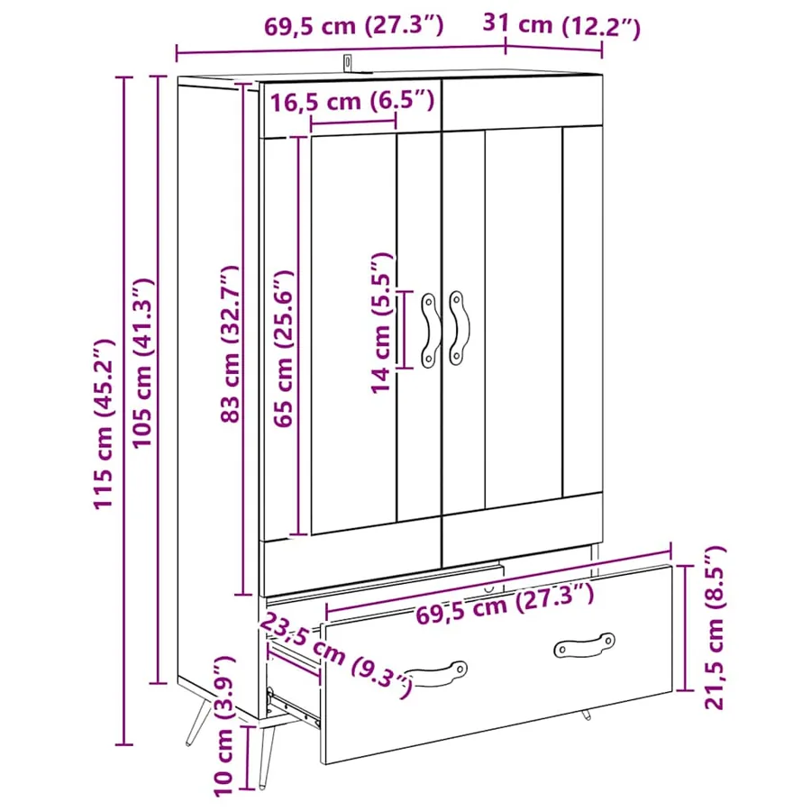 Haut Armoire avec tiroir Chêne noir 69,5 x 31 x 115 cm - 11