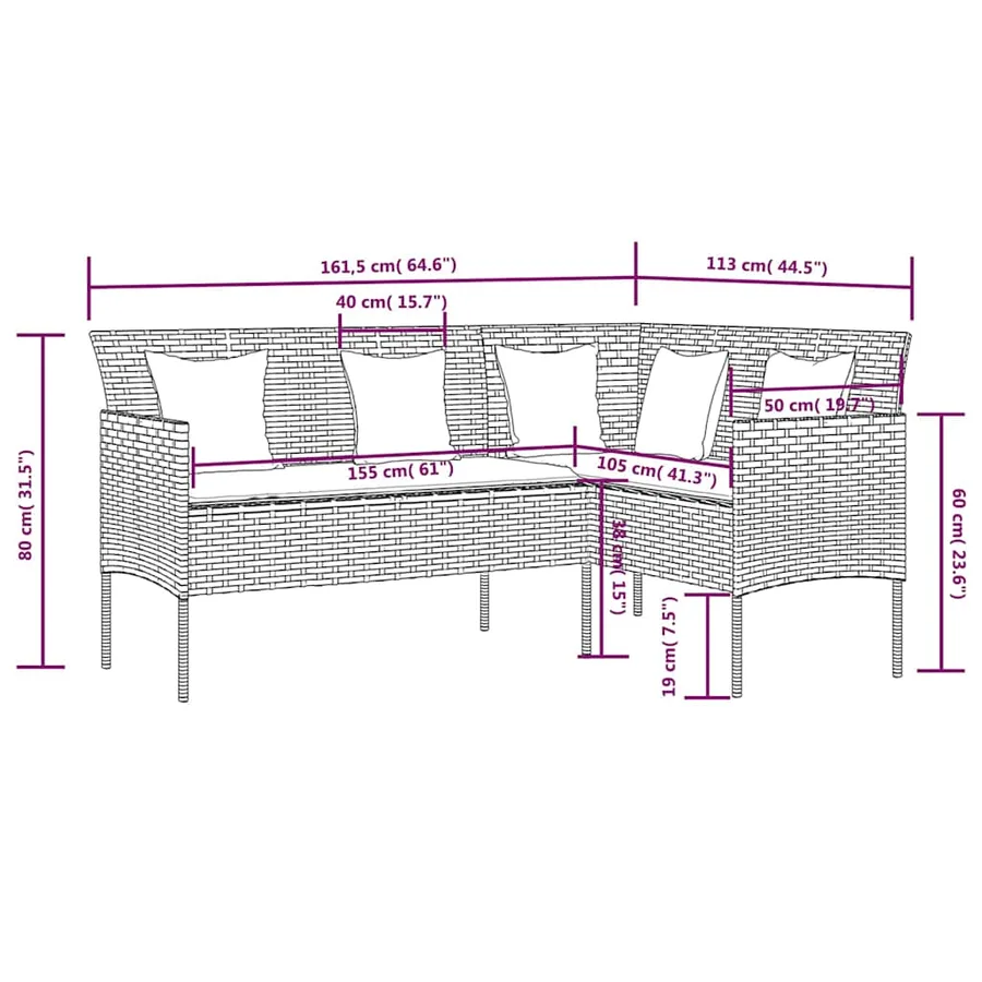 Ensemble de canapés en L 5pcs avec coussins résine tressée noir - 11