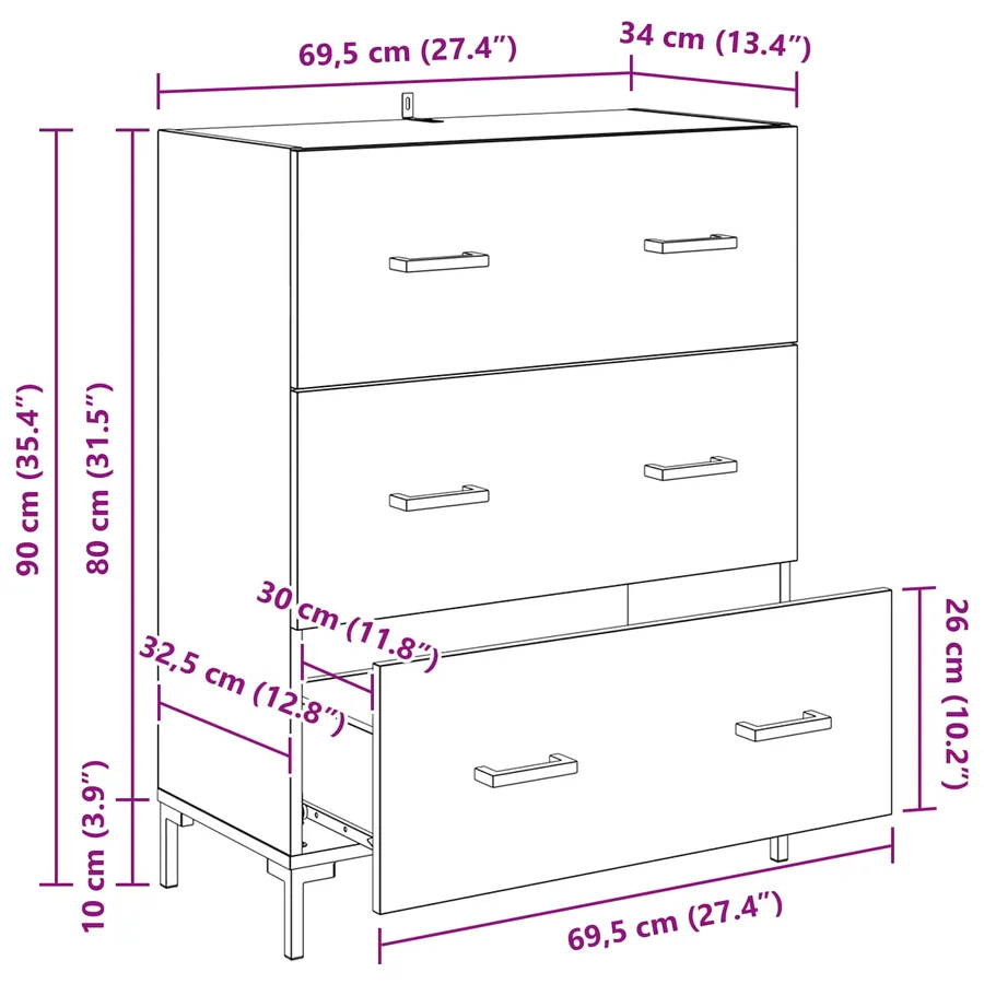 Buffet Chêne noir 69,5 x 34 x 90 cm Bois d'ingénierie et fer - 14