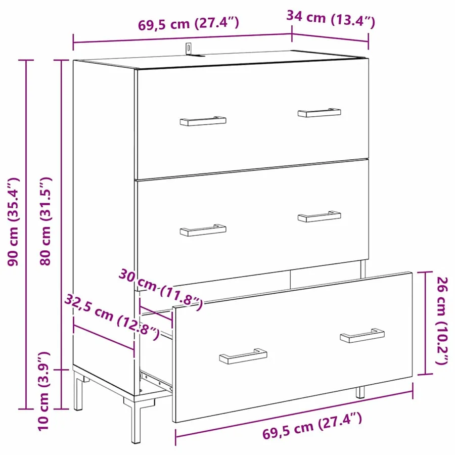Buffet Chêne noir 69,5 x 34 x 90 cm Bois d'ingénierie et fer - 16